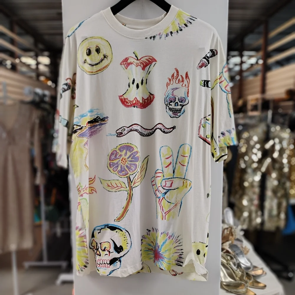 Market Colouring Book Smiley Tee | Size XL | All-Over Print | 100% Cotton